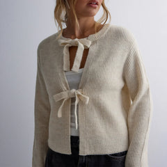 Cyflymder Tie Front Cropped Cardigan Sweaters for Women Crew Neck Long Sleeve Knit Bow Tie Trendy Sweater Tops Winter Fall Streetwear