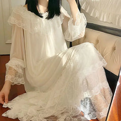 Cyflymder Women's Lolita White Princess Dress Sleepshirts Vintage Palace Style Multilayer Lace Mesh Nightgowns.Nightdress Sleep Loungewear