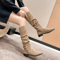 Cyflymder Winter new women's boots: low-heeled nude pleated suede high boots, black long boots, large-sized round-toe fashionable boots
