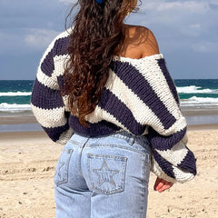 Cyflymder Women Striped Chunky Knitted Sweater Drop Shoulder Long Sleeve V-Neck Oversized Sweater Pullover Vintage Loose Knit Jumper Tops