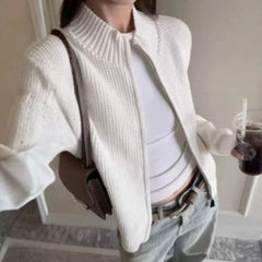 Cyflymder Spring Autumn Wool Sweater Jacket Women Stand Collar Long Sleeve Slim Zipper Outwear Vintage Wool Cashmere Jumper 267B