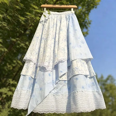 Cyflymder Vintage Flower Print Women Skirt Sweet Daily Elastic Waist Irregular Multi-Layer Office Work A-line Skirts All Match 286B