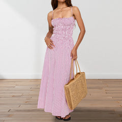Cyflymder Smocked Long Dress y2k Women Stripes/Floral Print Spaghetti Strap Sleeveless Dress Vacation Party Dresses Streetwear