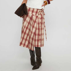 Cyflymder Women Vintage Plaid Midi Skirt Stylish Irregular Hem Bow Tie Pleated Skirts Preppy Cute Y2k Gingham A Line Skirt