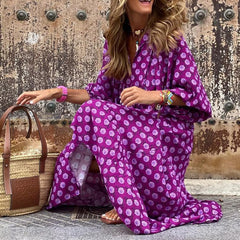 Cyflymder Women Bohemia Casual Dress Summer Geometric Print Neckline Lace-up Puff Sleeves Long Dresess Holiday Beach Robe A-Line Vestidos