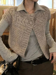 Cyflymder Korean Solid Vintage O Neck Short Sleeve Single Breasted Loose Knitted Sweater Vest