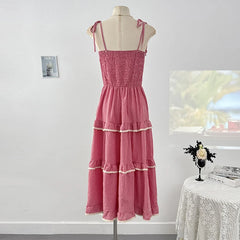 Cyflymder Sweet Lace Spliced Plaid Suspender Dress Women 2025 Summer Sleeveless High Waist A-line Layered Cake Beach Long Dresses