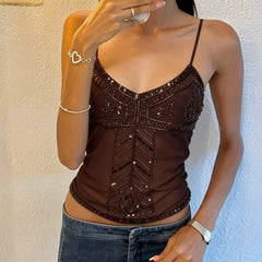 Cyflymder Women Y2K Beaded Sheer Mesh Tank Top Fairy Grunge Sequinned Camisole Slim Fit V Neck Spaghetti Strap Going Out Tops Streetwear