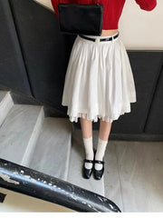 Cyflymder Sweet White Lace Skirt Women Spring Summer High Waist Pleated A-line Midi Skirts Temperament Ballet Style Faldas