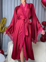 Cyflymder Luxury Lace Patchwork Long Pajamas Bridesmaid Gift Women Nightgown Bathrobe Silk Robe Loungewear Lace-up Long Sleeve Solid Loose