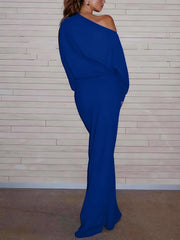 Cyflymder Women Fashion Hight Waist Draped Long Dress Elegant Commuting Solid Color Maxi Dress Sexy Off Shoulder Long Sleeve Party Dress