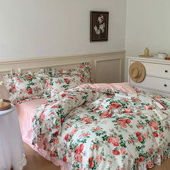 Cyflymder French Vintage Bed Skirt Bedding Set 100% Cotton Rose Print Linen Set Lace Ruffles Duvet Cover Bed Sheet Fitted Sheet Pillowcase