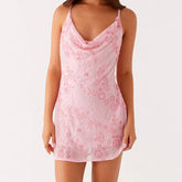 Cyflymder Women Summer Fashion Sleeveless Swing Collar Back Bandage Mini Dresses Flower Sequins Beaded Embroidery Cowl Neck Cami Dress