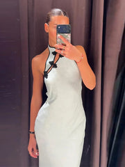Cyflymder Halter Sleeveless Knot Buckle Jacquard Midi Dress Slim Fit Bodycon Summer Women Satin Gown Causal Coquette Lady Vestido