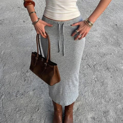 Cyflymder Women Drawstring Waist Knit Midi Pencil Skirt Solid Gray Low‑Rise Slim Bodycon Mid‑Calf Skirt Casual Versatile Bottoms