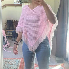 Cyflymder Vintage Crochet Tassel Cover-ups for Women Y2k Knitted Poncho Sweater Asymmetrical Knit Cape Crop Tops Beach Bikini Smocked Tees