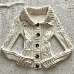 Cyflymder Women Y2K Vintage Cream White Cable Knit Cardigan Lapel Collar Button‑Down Long‑Sleeve Cropped Knitted Sweater With Pockets