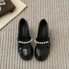 Cyflymder Shoes Woman Flats Oxfords Shallow Mouth Pearl Decorateion Dress Leather Summer Beading On Heels New Mary Janes High Pumps
