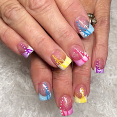 Cyflymder 24Pcs Short Square Head Nails Set Press on Coloeful Polka Dot French Fake Nail Shiny Powder Wearable Full Cover False Nials Tips