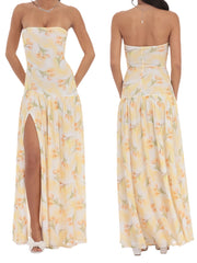 Cyflymder Elegant Floral Print Off Shoulder Maxi Dress with High Side Slit and Sleeveless Design for Evening Party or Clubwear