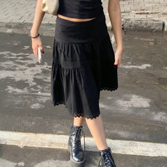 Cyflymder Casual Elastics Waist Lace Patchwork Woven Skirts Women Summer All Match Half Black Umbrella Outfits Y2K Fashion Skirt
