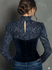 Cyflymder Women Lace Velvet Patchwork Bloue Top Slim Long SLeeve Half High Collar Retro Elegant Hollow Out Casual Auutumn Blouse Top