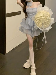Cyflymder Summer Lace Chiffon Short Puff Sleeve Square Collar Party Elegant Dresses For Women Sweet Slim Princess Dress Prom Dress