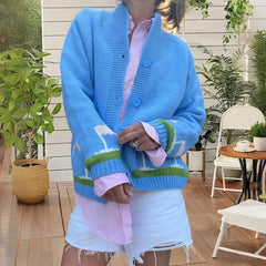 Cyflymder y2k Cardigan Sweater Women Fashion Golf Car/Heart Print Long Sleeve Button Down Knitted Top 2000s Clothing Knitwear