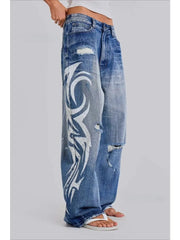 Cyflymder Vintage Y2k Ripped Jeans Women Harajuku Print Blue Baggy Distressed Denim Trousers Hip Hop Grunge Streetwear Wide Jeans