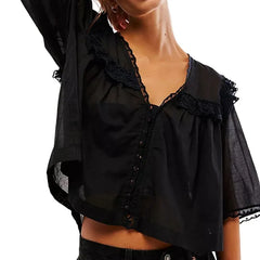 Cyflymder Pink Sweet Lace Collar Cotton Petal Short Sleeve Reffled V Neck Buttons Pleated Tops Women Blouse T Shirt Korean Summer Folds