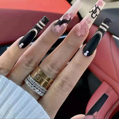 Cyflymder 24Pcs Wearable Long Coffin Fake Nails Love Heart Press on False Nails Cute Sweet Mini Flower French Nail Art Pink French Nail