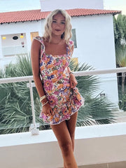 Cyflymder Floral Print Mini Dress For Women Ruffle Strap Square Neck Open Back Tie Bow Ruffle Hem Skirt Lady's Dating Vacation Frock