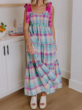 Cyflymder Elegant Sleeveless Maxi Dress with Tie-Shoulder Detail and Ruffled Trim in Chic Plaid Pattern for Women s Fashion