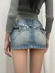 Cyflymder American Retro Riveted Denim Skirt Short Skirt Summer Spice Girl High Waist Slim