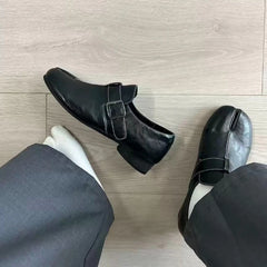 Cyflymder Black Genuine Cow Leather Tabi Split Toe Slip on Oxford Mary Jane Shoes for Women Stable Chunky Block Heel Party Casual Footwear