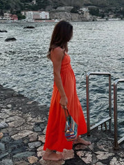 Cyflymder Orange Backless Tie Up Sexy Summer Women Dress V Neck A-line Beach Slip Dress Spaghetti Strap Party Midi Vestidos
