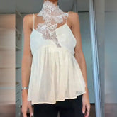 Cyflymder Sleeveless Blouse For Women Trendy Lace Neck Spaghetti Strap Deep V Open Back Pleated Hem T-shirt Office Casual Lady's Top