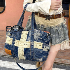 Cyflymder High-capacity Patchwork Cross Vintage Rivet Shoulder Underarm Bag Grunge Punk Denim Bags Y2k Aesthetic Women Handbags Crossbody