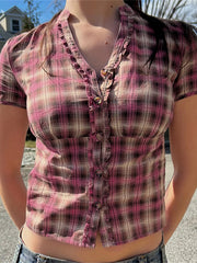 Cyflymder Women’s Plaid Print Shirts Short Sleeve V Neck Fit Frill Trim Tops Summer Blouses