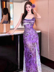 Cyflymder Dresses Women Lace Patchwork Mesh Sleeveless Vintage Sexy Slim Floral Printed Temperament Elegant Dress Party Female