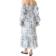 Cyflymder Women's Autumn Elegant Flowy Hem Long Dress Puff Long Sleeve Off Shoulder Beach A-Line Dresses Solid Color/Floral Dress Vestidos