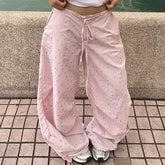 Cyflymder Pink Star Graphic Print Women Sweatpants Drawstring Wide Leg American Retro Baggy Jogging Pants Y2K Harajuku Gyaru
