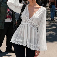 Cyflymder V Neck Lace Spliced Bell Sleeve Empire Waist Peplum Blouse Women Vintage Sweet Casual Loose Flowy White Chiffon Daily Wear Tops
