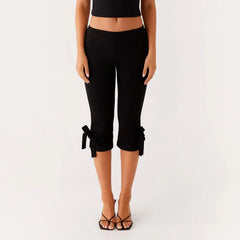 Cyflymder Women Bow Tie Up Skinny Capri Leggings Knee Length Capris Pants Sexy Stretchy Slim Fit Cropped Trousers