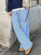 Cyflymder Summer Women Oversize Casual Striped Print Long Pants Drawstring Elastic Waist Loose Straight Pants with Pockets Streetwear