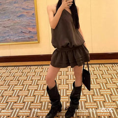 Cyflymder Coffee-colored Hanging Neck Bud Dress Female Summer Splicing Skirt Loose Atmosphere Sleeveless Skirt