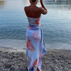 Cyflymder Women Strapless Maxi Dress Boho Floral Print Bodycon Long Tube Dress Summer Tie Waist Long Holiday Beach Sundress