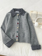 Cyflymder Retro Patchwork Cardigan Sweaters Women Loose Casual Korean Knitted Coat Vintage Long Sleeve Design Buttons Sweet Gray Top