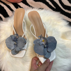 Cyflymder Orchid Flower Summer New High Heeled Women White Pink Blue Purple Floral Heels Square Toe Prom Slipper Slingback Shoes for Women