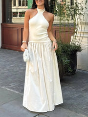 Cyflymder Elegant backless dress for women casual knitted tight top stitching pleated long skirt summer party dinner date sexy midi skirt